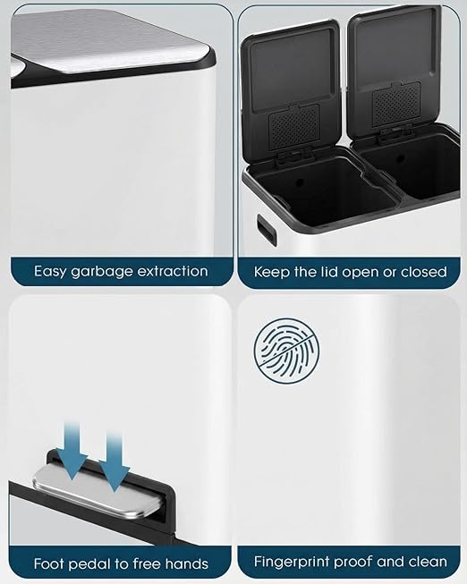 ComfyCorner 16 Gal (2 x 30 L) Dual Trash Can, Stainless Steel Kitchen Garbage Bin, Recycle Dustbin with Odor Control Box, Soft-Close Lid, Inner Buckets, Side Handle, Step Pedal, for Home Office
