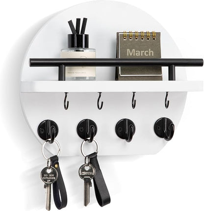 Nekon Key Holder for Wall - 9.8 Inch Apartment Wall Decor with Shelf and 8 Key Hooks, Circular Wood Key Hanger for Home Decor (White)