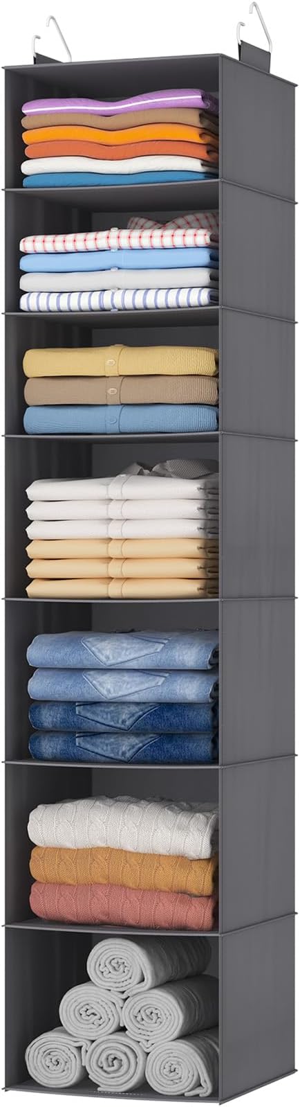 Lifewit 7 Tier Hanging Closet Organizer and Storage for Shelves, 1 Pack Foldable Clothes Shelf with 2 Sturdy Hooks, Sweater/Coat/Shoes Clothing Organization for Wardrobe, Dorm, Bedroom, Gray