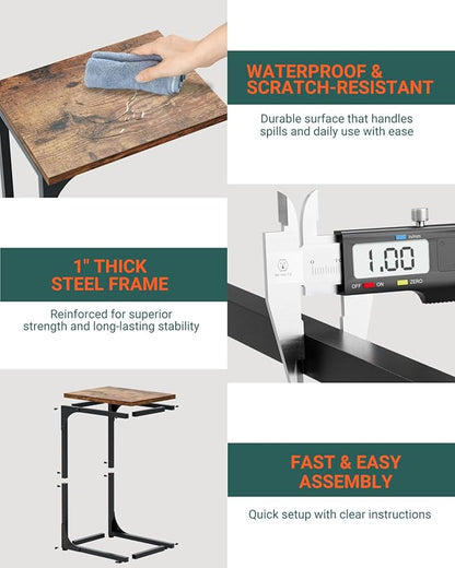 C-Shaped Side Table for Couch - Small Coffee Stand Sofa Tray Desk with Metal Frame and Waterproof Scratch Resistant, Modern End Accent for Living Room, Bedroom, Set of 2, Rustic Brown
