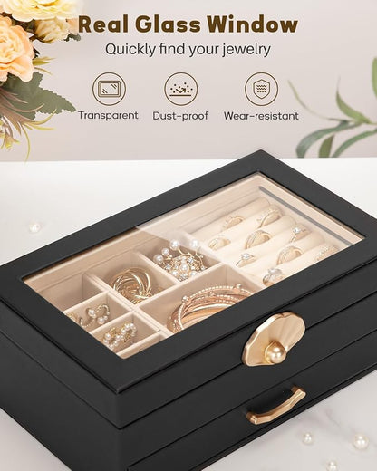 Jewelry Box with 1 Drawers: Display Organizer for Earrings Necklaces - Gifts for Girls Women (Black)