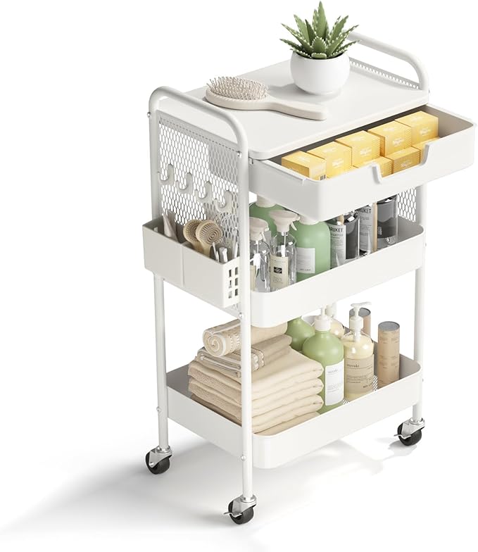 HIDODO 3 Tier Rolling Cart with Drawer, Metal Rolling Utility Cart on Wheels with Pegboard, Art Cart Storage Organizer with Tabletop for Living Room, Office, Bedroom (White)