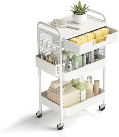 HIDODO 3 Tier Rolling Cart with Drawer, Metal Rolling Utility Cart on Wheels with Pegboard, Art Cart Storage Organizer with Tabletop for Living Room, Office, Bedroom (White)