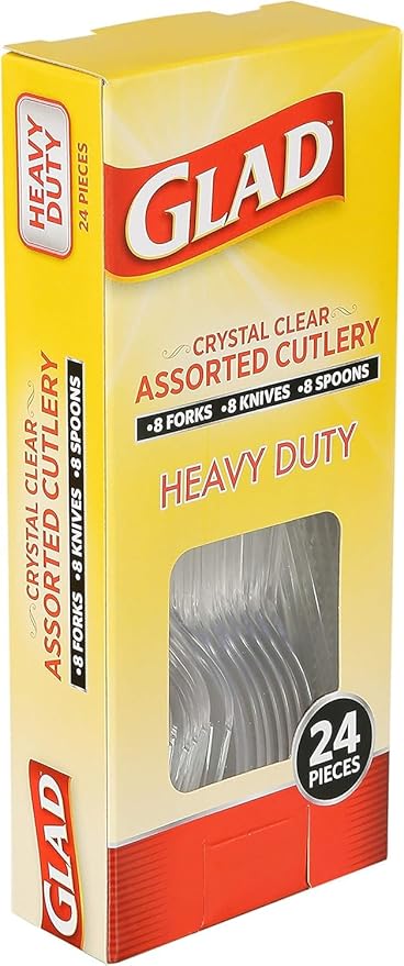Glad Crystal Clear Assorted Plastic Cutlery Forks - Heavy Duty Disposable Silverware for Tabletop - Forks, Knives, Spoons, 24 Count - 12 Pack