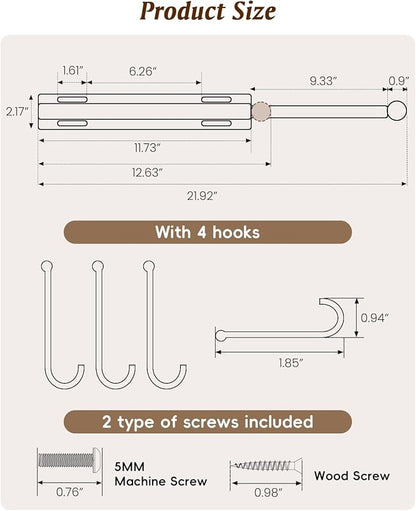 Supforce Valet Rod for Closets, 12" Valet Rod With 4 Hooks, Closet Organizer Slide Out Clothing Hanger Rods Extender Perfect for Suits,Dresses,Belt,Tie, Black