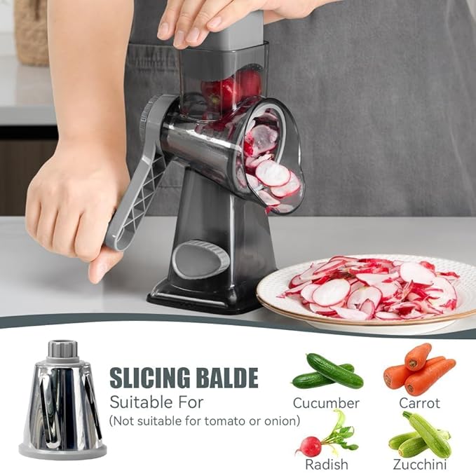 KEOUKE Rotary Cheese Grater Pro 6 in 1 - Shredder Crinkle Slicer Grinder Ice Shaver, Stable Suction, Time-saving Easy Use & Clean, Safe Morden Kitchen Tool for Cheese, Vegetable, Nuts, Chocolate