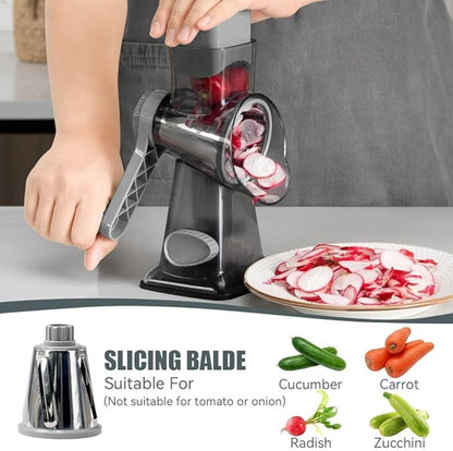 KEOUKE Rotary Cheese Grater Pro 6 in 1 - Shredder Crinkle Slicer Grinder Ice Shaver, Stable Suction, Time-saving Easy Use & Clean, Safe Morden Kitchen Tool for Cheese, Vegetable, Nuts, Chocolate