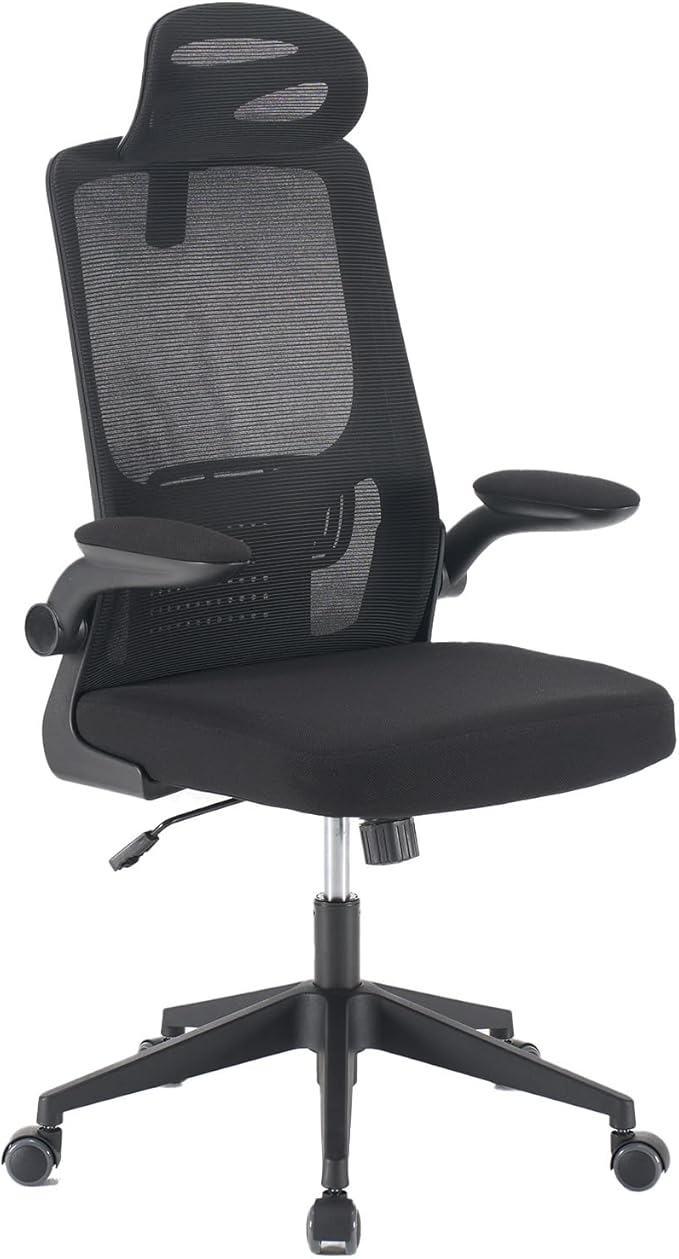 Office Computer Desk Chair, High Back Mesh Home Office Conference Room Chairs with Adjustable Headrest, Flip-Up Arms, Comfortable Lumbar Support, Black (Set of 1)