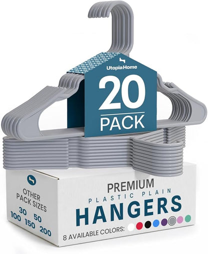 Utopia Home - Plastic Hangers 20 Pack - Space Saving Clothes Hanger - Durable and Strong Closet Organizers and Storage Makes It Ideal Stocking Stuffers or Apartment or Dorm Room Essentials (Grey)