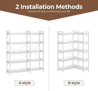 Rolanstar Bookshelf 5 Tier with 4 Hooks, Reversible Corner Bookshelf, 65" Industrial Wooden Bookcase with Open Shelves and Metal Frame for Living Room, Bedroom, Home Office, White