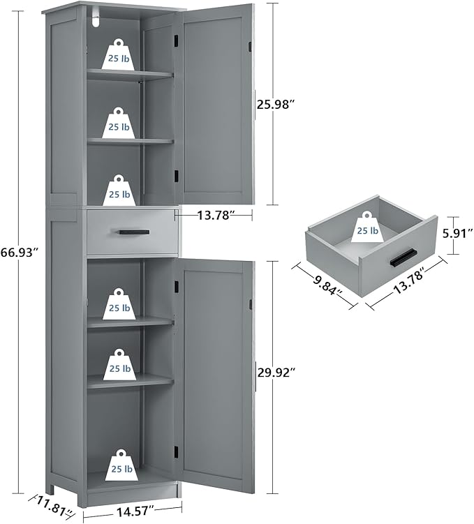 usikey 67“ Tall Bathroom Cabinet, Storage Cabinet with 4 Shelves & 2 Doors, Narrow Storage Cabinet for Bathroom, Living Room, Home Office, Greige UNSNG040G