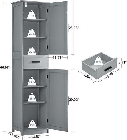 usikey 67“ Tall Bathroom Cabinet, Storage Cabinet with 4 Shelves & 2 Doors, Narrow Storage Cabinet for Bathroom, Living Room, Home Office, Greige UNSNG040G