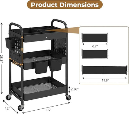 danpinera Craft Cart, Black Rolling Cart with Retractable Dividers & DIY Pegboards for Kitchen, Bedroom, Laundry