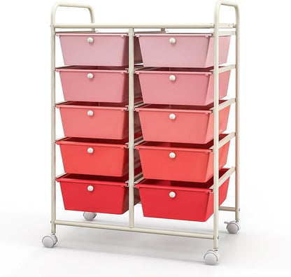 Giantex 10 Drawers Rolling Cart, Classroom Organizers, Storage Cart with Wheels, for Teacher Office Home School Supplies Tool Craft Art Paper, Pink Gradient