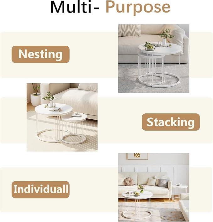 Garden 4 you Nesting Coffee Table, 23.6" Round Coffee Table Set of 2, Wooden Nesting Table with Metal Frame, Ceter Tables for Living Room Bedroom Balcony, White