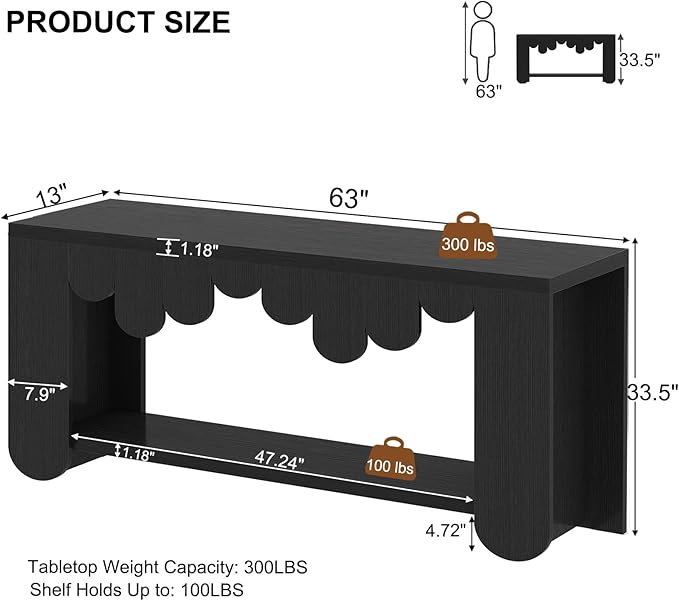 IBF Black Console Table, 63” Long Wood Entryway Table with Storage, 2-Tier Modern Sofa Table Behind Couch for Home Living Room, Rectangular Entry Table for Hallway Entrance Foyer Front Door, Black Oak