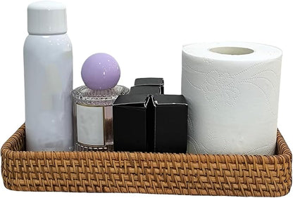 1PCS 10.63x4.33 Inch Rattan Bathroom Vanity Tray Vintage Storage Basket Bin Toilet Paper Basket for Bathroom Kitchen Toilet Tank Vanity Countertop Table Shelf
