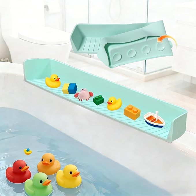 Bathtub Splash Guard for Tub Kids - Silicone Splash Guard with 11 Strong Suction Cups, Toy Tray Caddy Holder for Tub, Prevent Water Spills in Bathroom, Suitable for Kitchen Sinks and Bathtubs (Green)