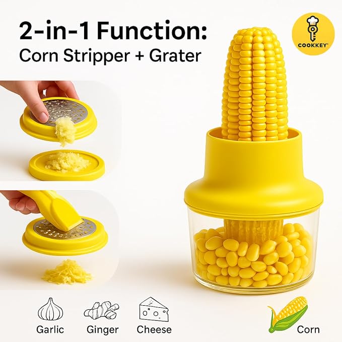 Corn Stripper & Peeler Tool with Built-In Bowl – Safe Non-Slip Handle, Fast Corn Kernel Cutter & Cob Remover, Multi-Purpose Grater for Corn, Ginger & Vegetables (Yellow) - COOKKEY