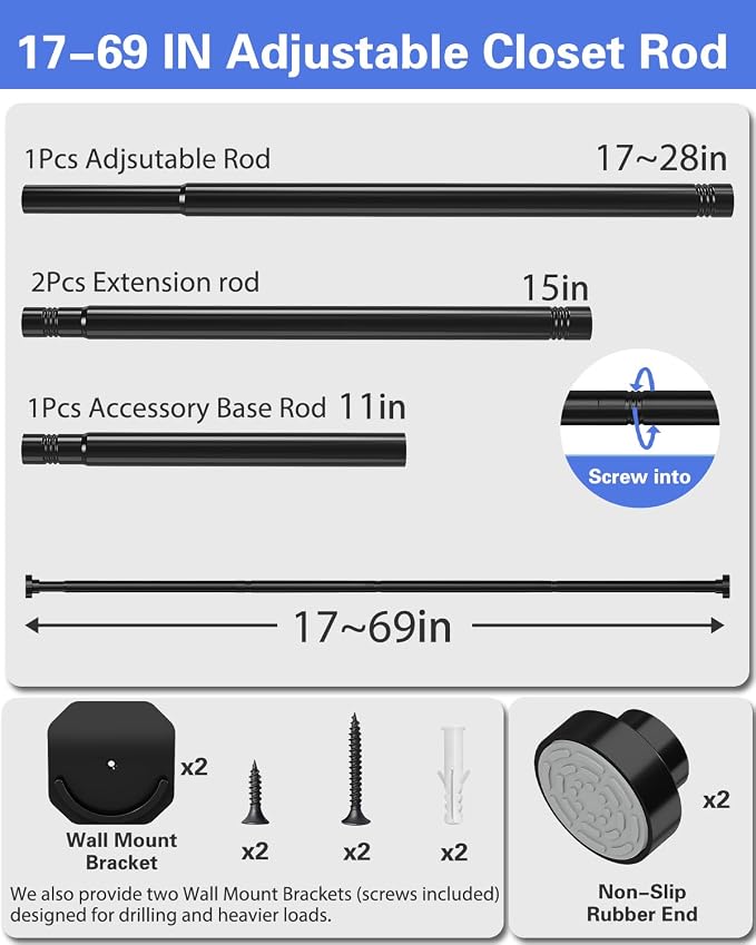 Supforce 2 Pack No Drilling Closet Rods for Hanging Clothes, Non Slip Tension Rod with Heavy Duty Clothes Hanging Rod, 17-69 Inches Adjustable Spring Closet Rod for Closet Wardrobe Bathroom RV, Black