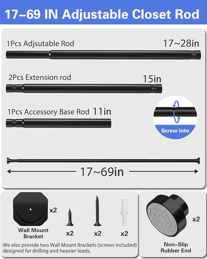 Supforce 2 Pack No Drilling Closet Rods for Hanging Clothes, Non Slip Tension Rod with Heavy Duty Clothes Hanging Rod, 17-69 Inches Adjustable Spring Closet Rod for Closet Wardrobe Bathroom RV, Black