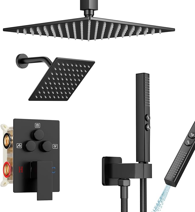 Shower Faucet Set Black Shower System, Ceiling Mount 10 Inch Shower Head With Wall Mount 6 Inch Shower Head and 2 in 1 Handheld Spray, Push Button Diverter Shower Valve Trim Kit Complete
