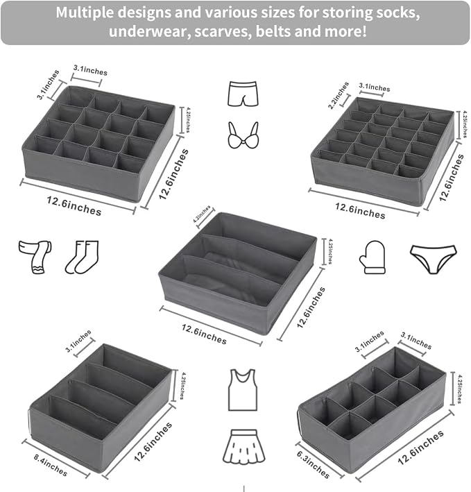 SUREMAX Underwear Drawer Organizer, 5-Pack Foldable Fabric Drawer Dividers (Fits Standard 13"+ Dressers), 55 Compartments for Socks, Bras, Ties, Belts — Bedroom, Closet & Bathroom Storage Bins