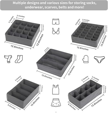 SUREMAX Underwear Drawer Organizer, 5-Pack Foldable Fabric Drawer Dividers (Fits Standard 13"+ Dressers), 55 Compartments for Socks, Bras, Ties, Belts — Bedroom, Closet & Bathroom Storage Bins
