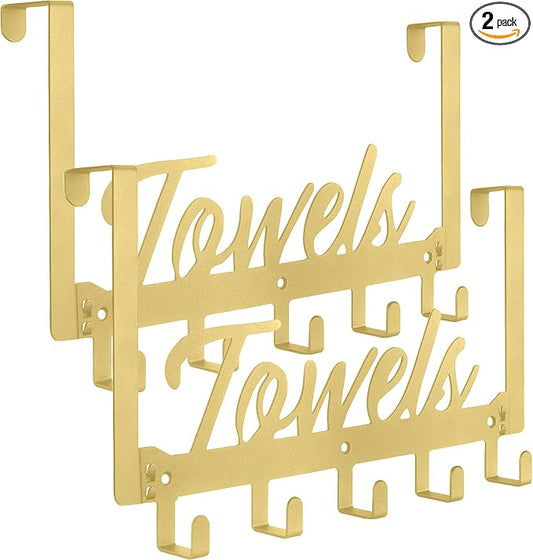 Azmoncy 2 Pack Over The Door Hooks, Towel Rack for Bathroom Towel Holder for Hanging Heavy Duty, Wall Mount Towel Hanger with 10 Hooks for Bedroom Bathroom Kitchen Towels, Bag, Coats(Gold)