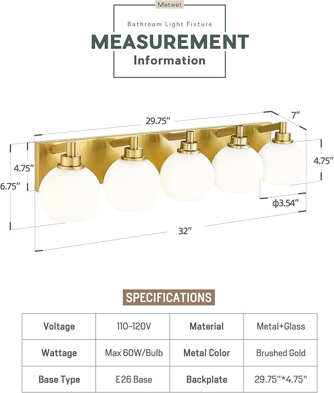 Bathroom Light Fixtures, 5-Light Brushed Gold Bathroom Vanity Lights Over Mirror with Globe Milk White Glass Shade, 32 Inch Modern Vanity Lighting Fixtures, VL195-BG-ML-5