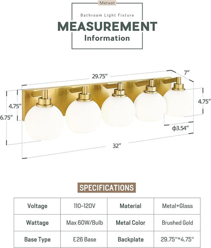 Bathroom Light Fixtures, 5-Light Brushed Gold Bathroom Vanity Lights Over Mirror with Globe Milk White Glass Shade, 32 Inch Modern Vanity Lighting Fixtures, VL195-BG-ML-5