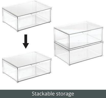 mDesign Plastic Stackable Bathroom Storage Organizer Bin Containers with Front Pull Drawer for Bathroom Countertop, Vanity, Closet Shelves - Holder for Beauty Accessories - Lumiere Collection - Clear
