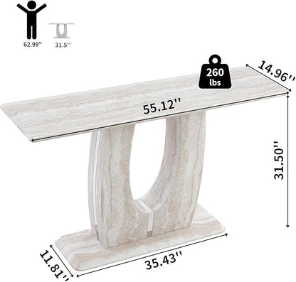 55" Console Table for Entryway, Narrow Sofa Entrance Table with Faux Mars Marble Pattern, Modern Sofa Tables with U-Shaped Base for Living Room, Hallway, Foyer, Home Office, Beige Light