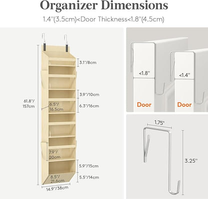 Lifewit 1 Pack Over the Door Organizer, 6 Section Clear Window Hanging Storage with 4 Side Pockets, Sturdy Anti Tilt 40 lbs Load Behind Door for Closet, Bedroom, Bathroom, Nursery, Dorm, Beige