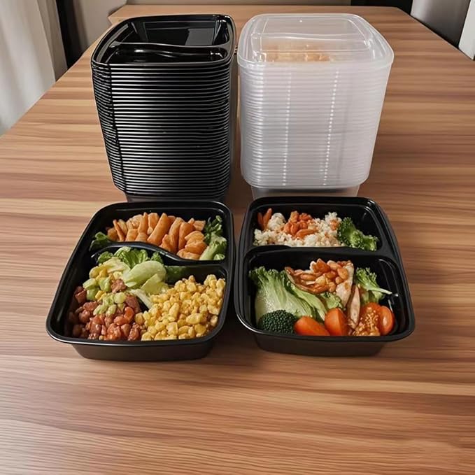 50 Packs 28oz 2-Grid Disposable Meal Prep Containers with Lids,To Go Take Out Plastic Food Storage, Disposable Takeaway Boxes,Freezer, Dishwasher Safe Prep Containers