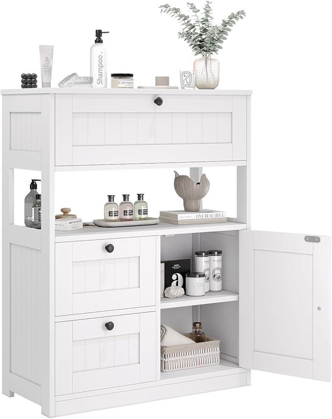 GRUSIGN Bathroom Cabinet, Modern Bathroom Floor Storage Cabinet Organizer with 1 Door and 3 Drawers, Freestanding Cupboard for Kitchen/Living Room Use