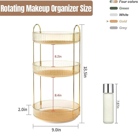 360 Rotating Makeup Organizer for Vanity, Bathroom Countertop Spinning Perfume Organizer, High-Capacity Cosmetic and Skincare Dresser Make Up Holder Rack (3 Tiers, Yellow)