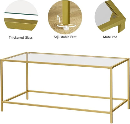 Homleke Glass Coffee Table, Modern Rectangular Coffee Table for Living Room, Minimalist Center Tea Table with Sturdy Metal Frame for Apartment, Office, Easy Assembly, 39.4 x 19.7 x 17.7 Inches, Golden