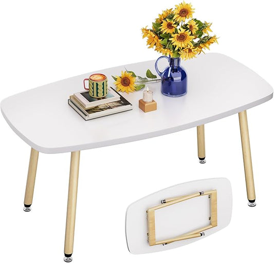 WOHOMO Folding Coffee Table 39.3'' White Coffee Tables for Living Room Portable Simple Modern Rectangular Center Table for Small Spaces, No Assembly, White