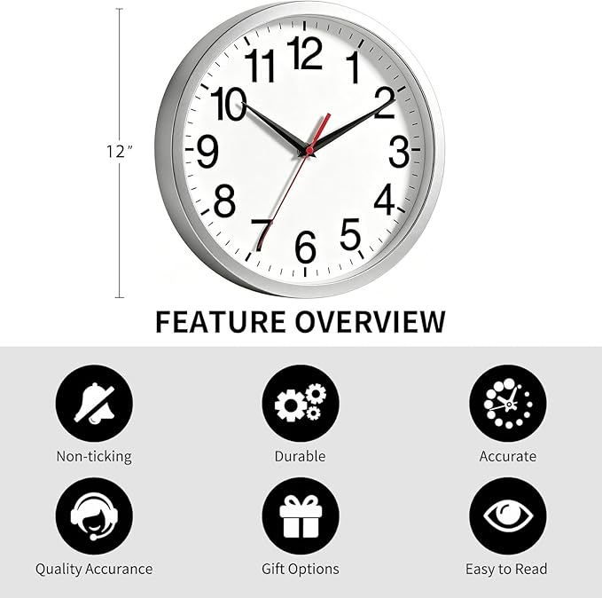 Rohioue 12 Inch Wall Clock Modern Battery Operated Silent Non Ticking Analog Clock Decorative for Bedroom Kitchen Bathroom Office Home Living Room (Silver)