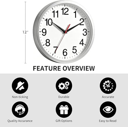 Rohioue 12 Inch Wall Clock Modern Battery Operated Silent Non Ticking Analog Clock Decorative for Bedroom Kitchen Bathroom Office Home Living Room (Silver)