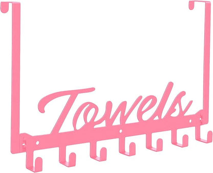 Azmoncy Over The Door Hooks, Towel Rack for Bathroom Towel Holder for Hanging Heavy Duty, Over Door Hanger with 7 Coat Hooks for Bedroom Bathroom Pool Kitchen, Bags(Pink)