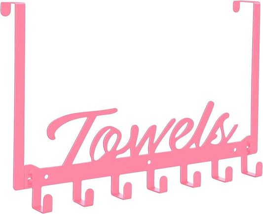 Azmoncy Over The Door Hooks, Towel Rack for Bathroom Towel Holder for Hanging Heavy Duty, Over Door Hanger with 7 Coat Hooks for Bedroom Bathroom Pool Kitchen, Bags(Pink)