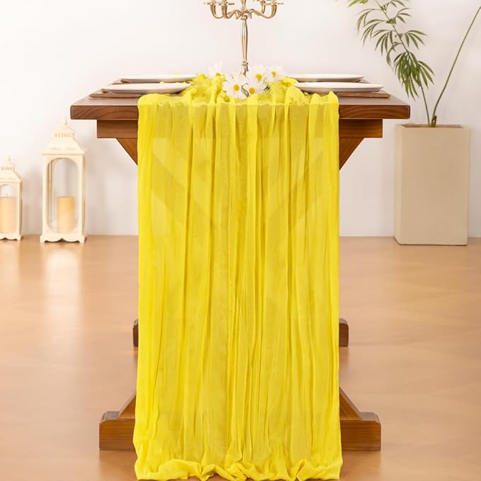 Socomi 10pcs Yellow Cheesecloth Table Runner Boho Rustic Gauze 120 inch 10FT Cheese Cloth Runner for Wedding Party Baby Shower Birthday Home Decor Holiday Decorations