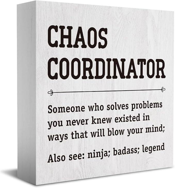 HTBIG Chaos Coordinator Thank You Gifts Office Decor Funny Motivational Desk Decor Gifts for Coworkers Boss Manager Appreciation Rustic Wooden Box Sign for Table Top Office Bookshelf White