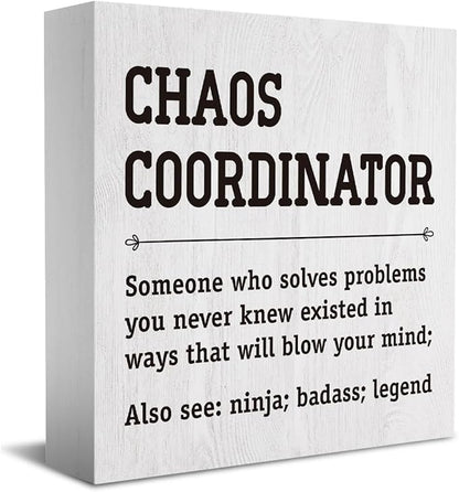 HTBIG Chaos Coordinator Thank You Gifts Office Decor Funny Motivational Desk Decor Gifts for Coworkers Boss Manager Appreciation Rustic Wooden Box Sign for Table Top Office Bookshelf White