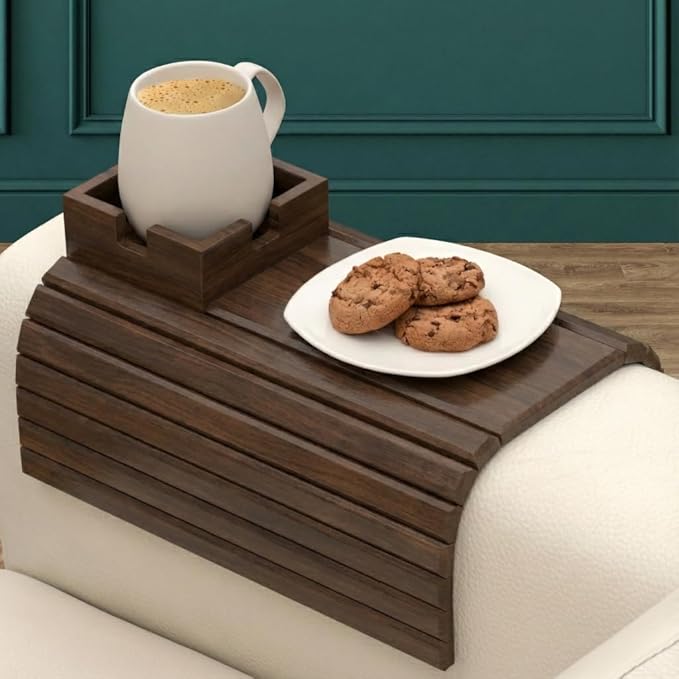 FUN FOREST Bamboo Couch Holder - Non-Slip Furniture Protector, Sofa Armrest Table for Mugs & Tumblers – Weighted 16” Large Brown Bamboo Holder for Recliners and Loveseats