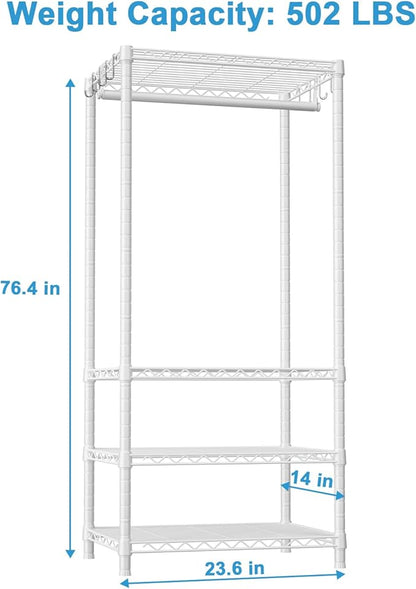 Ulif H4 Mini Portable Closet, 4 Tiers Freestanding Clothing Garment Rack for Small Space, Metal Clothes Wardrobe System for Bedroom, 23.6" W x 14" D x 76.4" H, Load 502 lbs, White