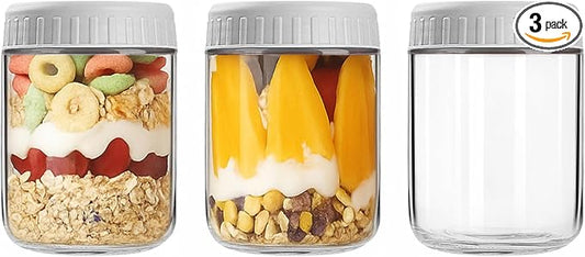 Overnight Oats Containers with Lids, 16oz Wide Mouth Mason Jars with Lids, 3 Pack Glass Jars with Airtight lid for Chia Pudding Yogurt Salad, Meal Prer Oatmeal Jars, Gray