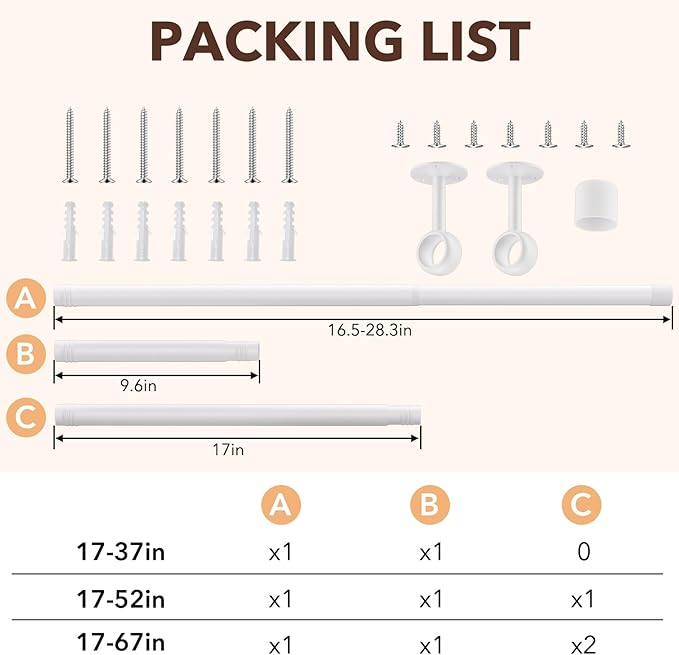 Closet Rod, Closet Rods for Hanging Clothes, 17 to 52 inch Adjustable Ceiling/Wall mounted Closet Hanging Rod, Heavy Duty Clothes Rod Clothing Bar, Closet Poles for Hanging Clothes for Wardrobe